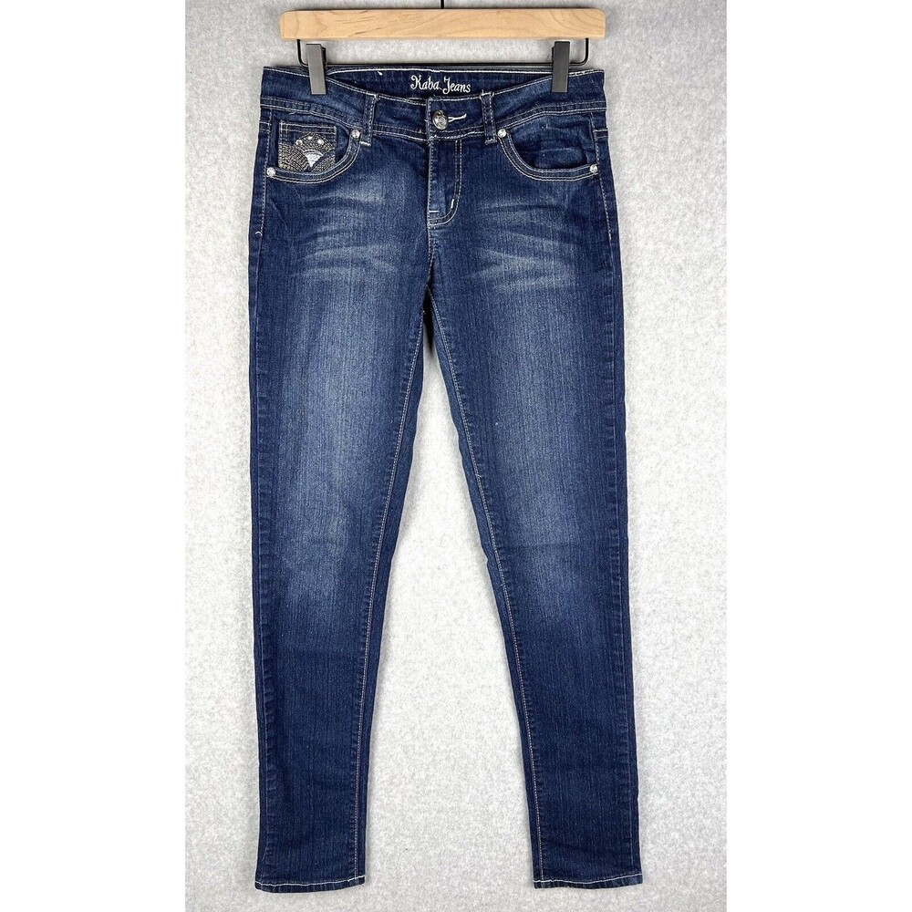 Kaba Jeans Juniors 7 Blue Slim Straight Mid Rise Jeweled Pocket Denim Y2K